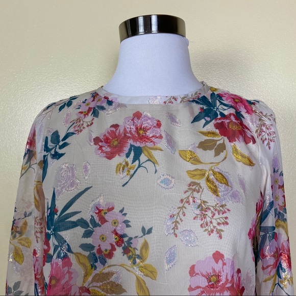 LOFT Floral Metallic Poet Ruffle Sleeve Blouse XSP - Picture 11 of 13